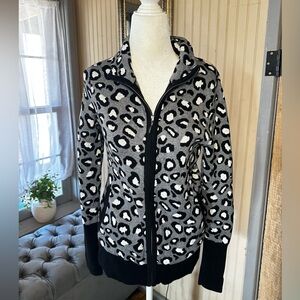 Rachel Zoe Leopard Print Zip Up Jacket Gray Black Cozy Knit Sweater Size S